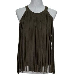Soprano Olive Green Fringe Suede Look Halter Tank Top XL Boho Festival Women’s